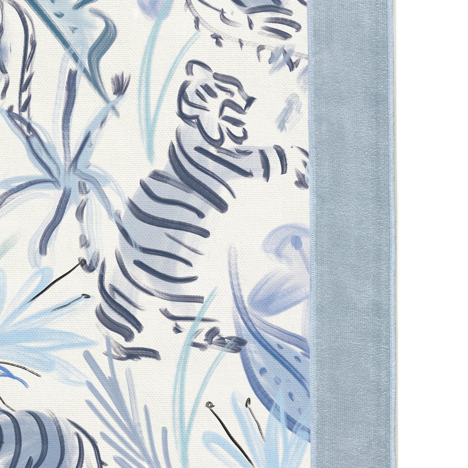 Upclose picture of Frida Blue custom Blue With Intricate Tiger Designcurtain with sky velvet band trim