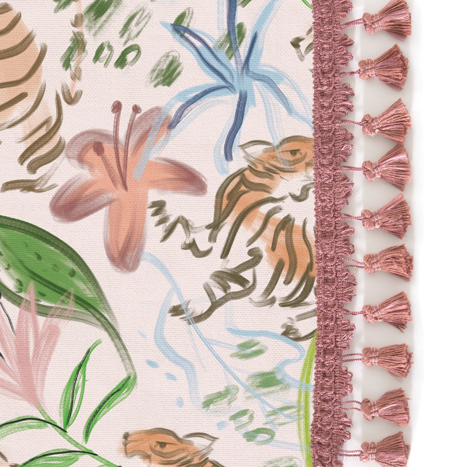 Upclose picture of Frida Pink custom Pink Chinoiserie Tigercurtain with dusty rose tassel trim