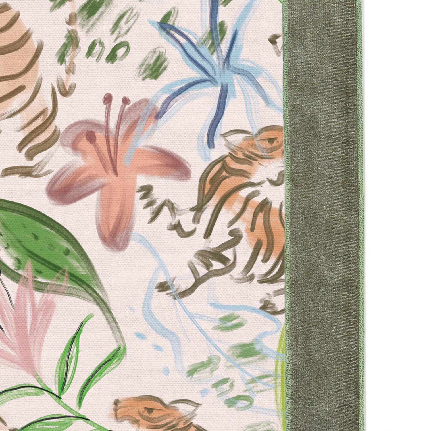 Upclose picture of Frida Pink custom Pink Chinoiserie Tigercurtain with fern velvet band trim