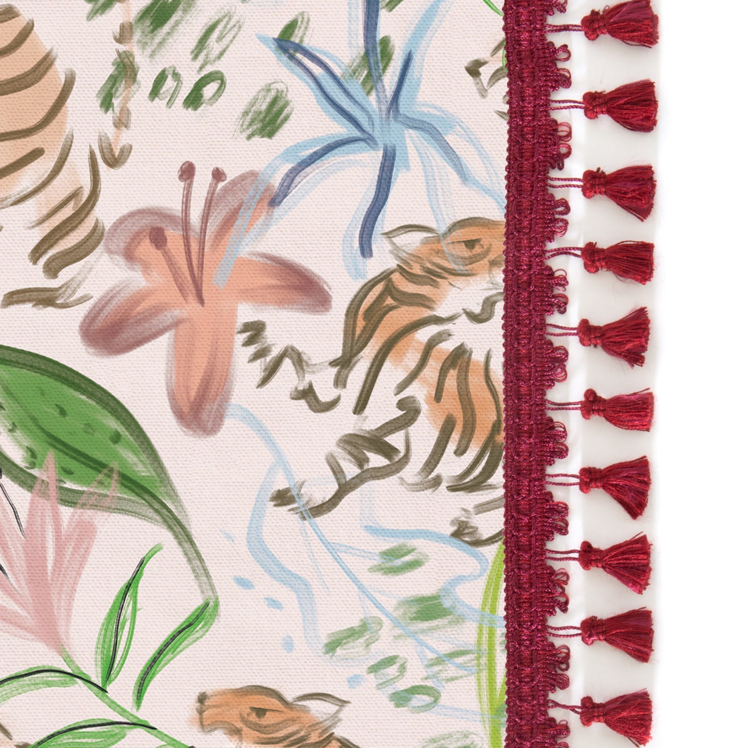 Upclose picture of Frida Pink custom Pink Chinoiserie Tigercurtain with pink raspberry tassel trim