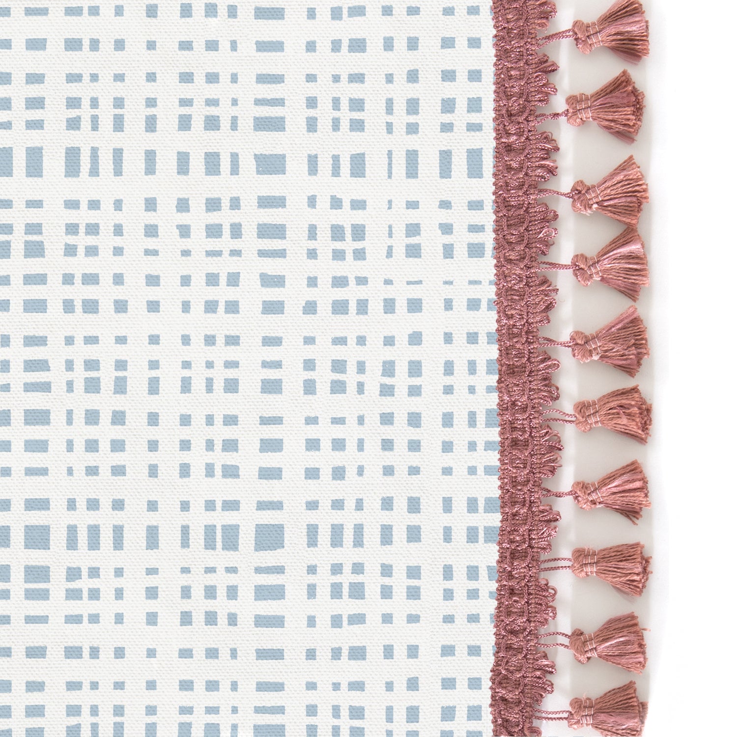 Upclose picture of Ginger Sky custom Sky Blue Ginghamshower curtain with dusty rose tassel trim