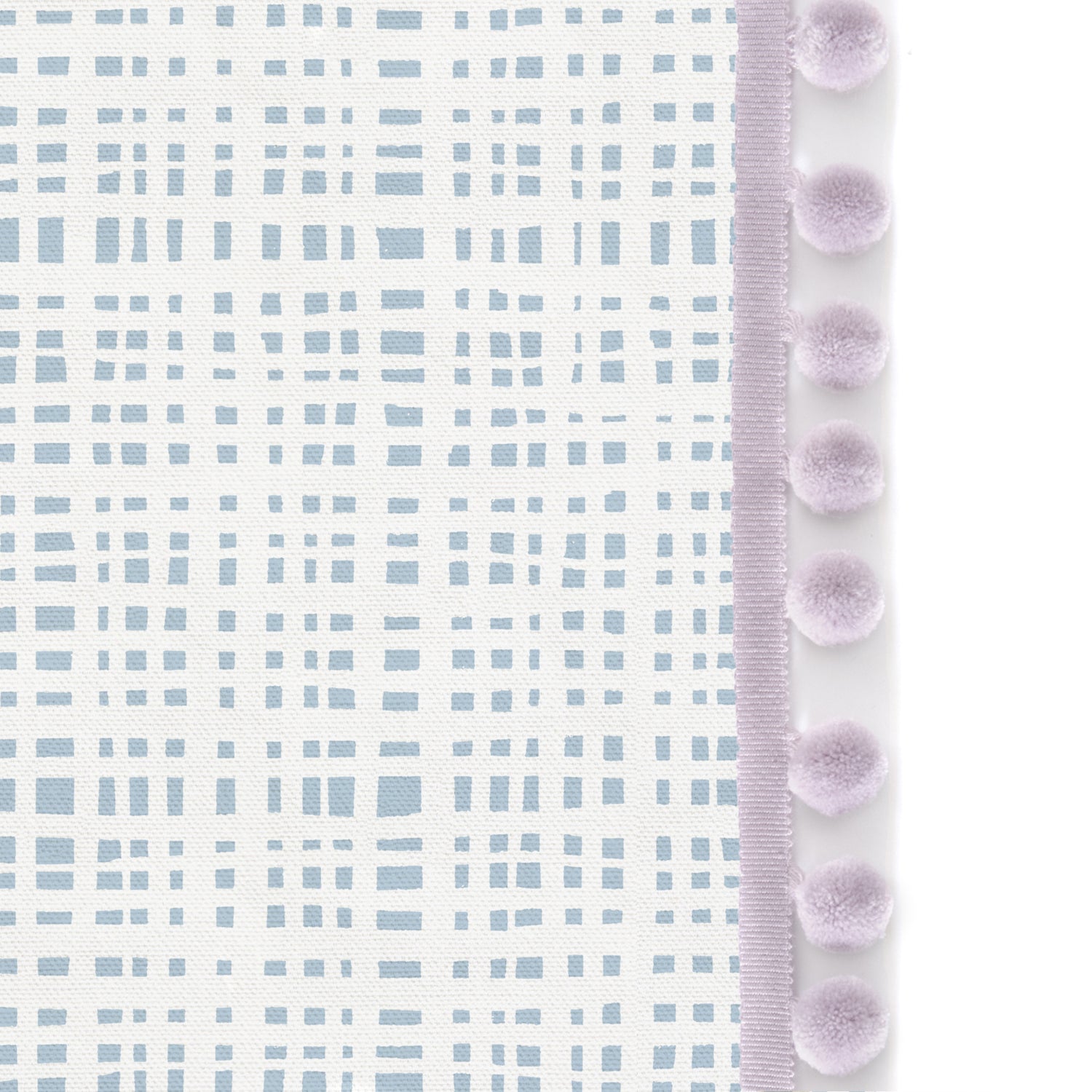 Upclose picture of Ginger Sky custom Sky Blue Ginghamshower curtain with lilac pom pom trim