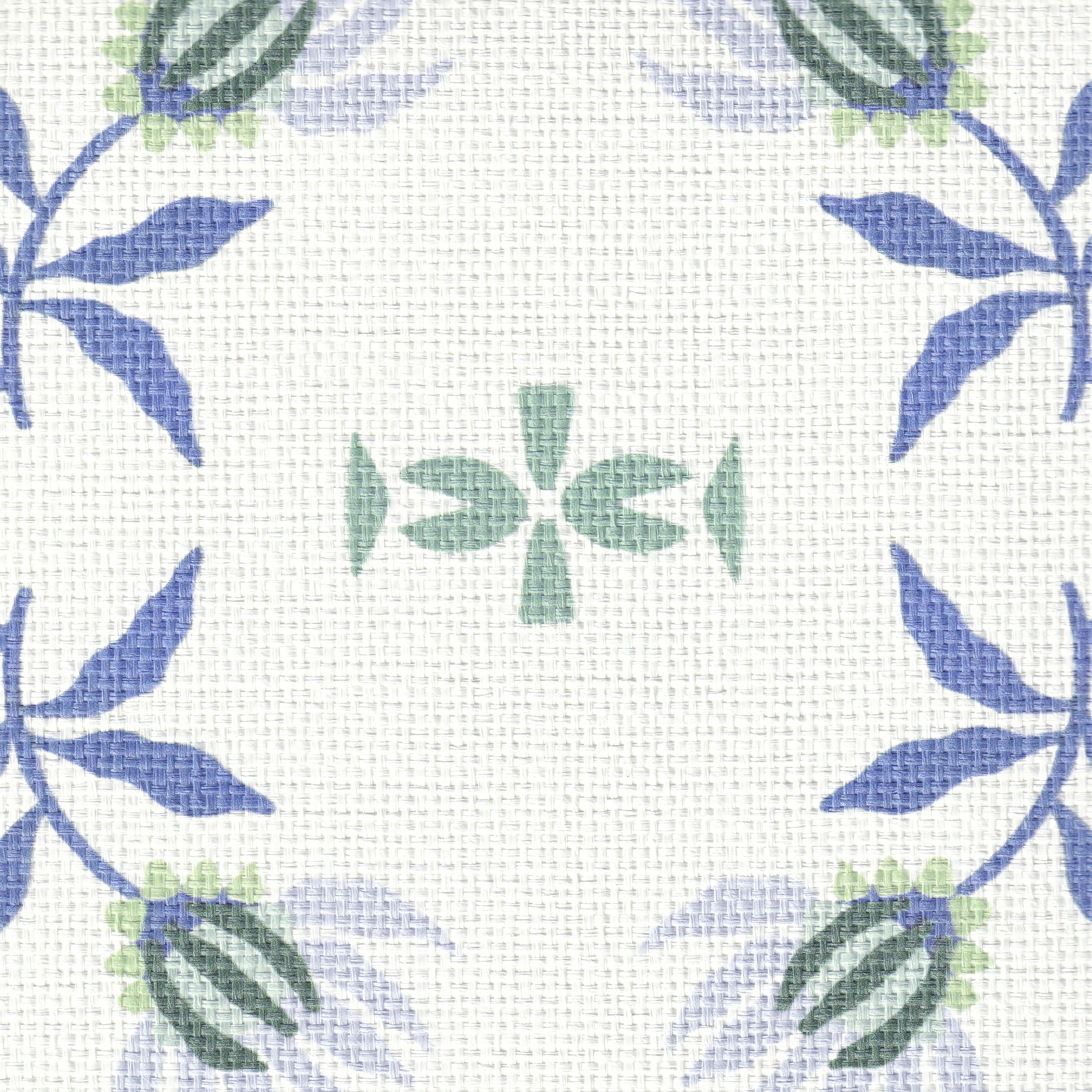 Blue & Green Floral Printed Grasscloth Wallpaper Swatch