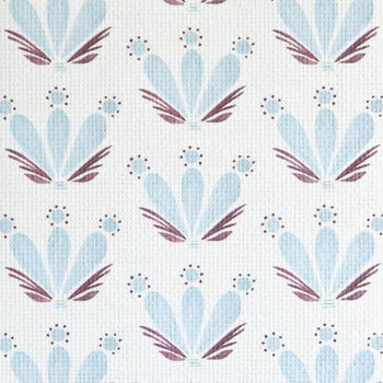 close up of sky blue and burgundy floral drop repeat printed wallpaper