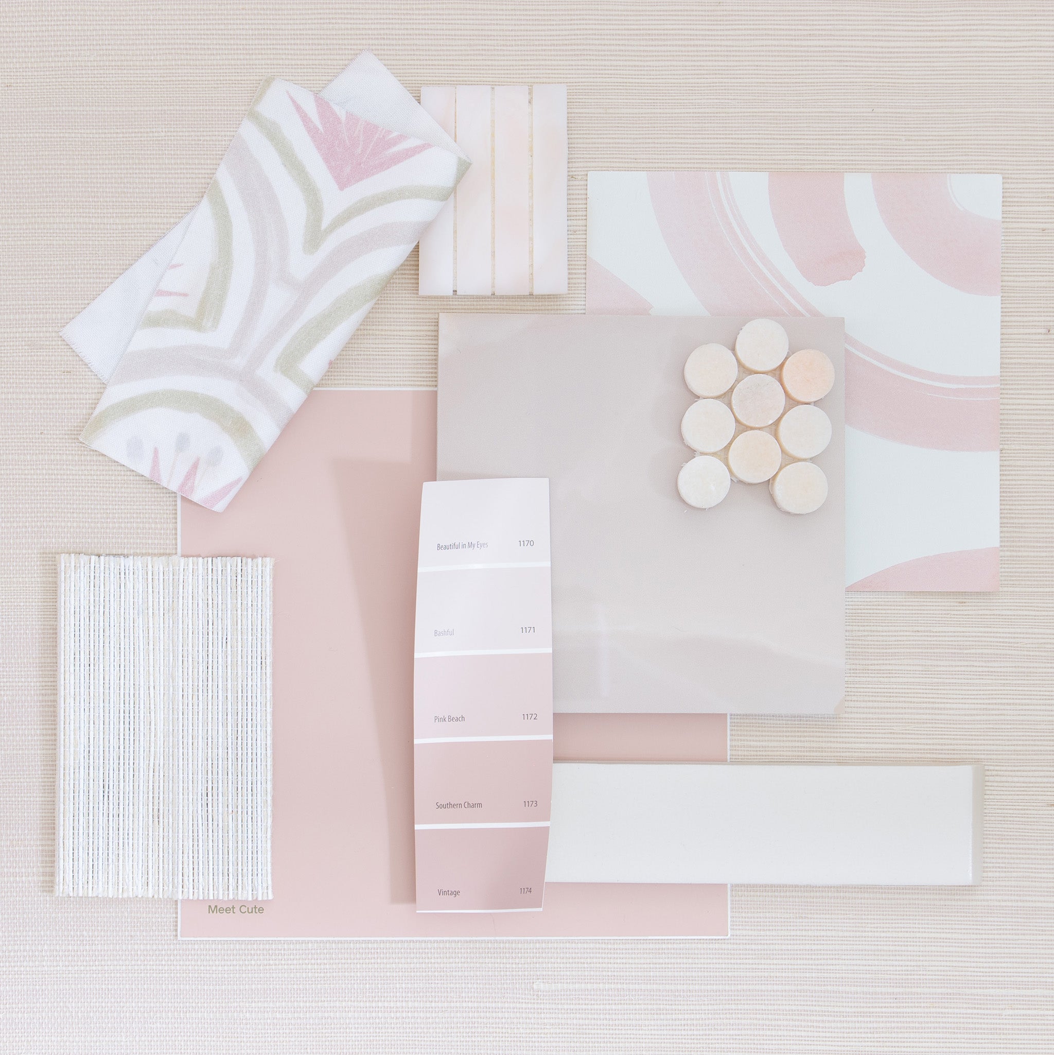 Interior design moodboard and wallpaper inspirations with pink paint and tile on top