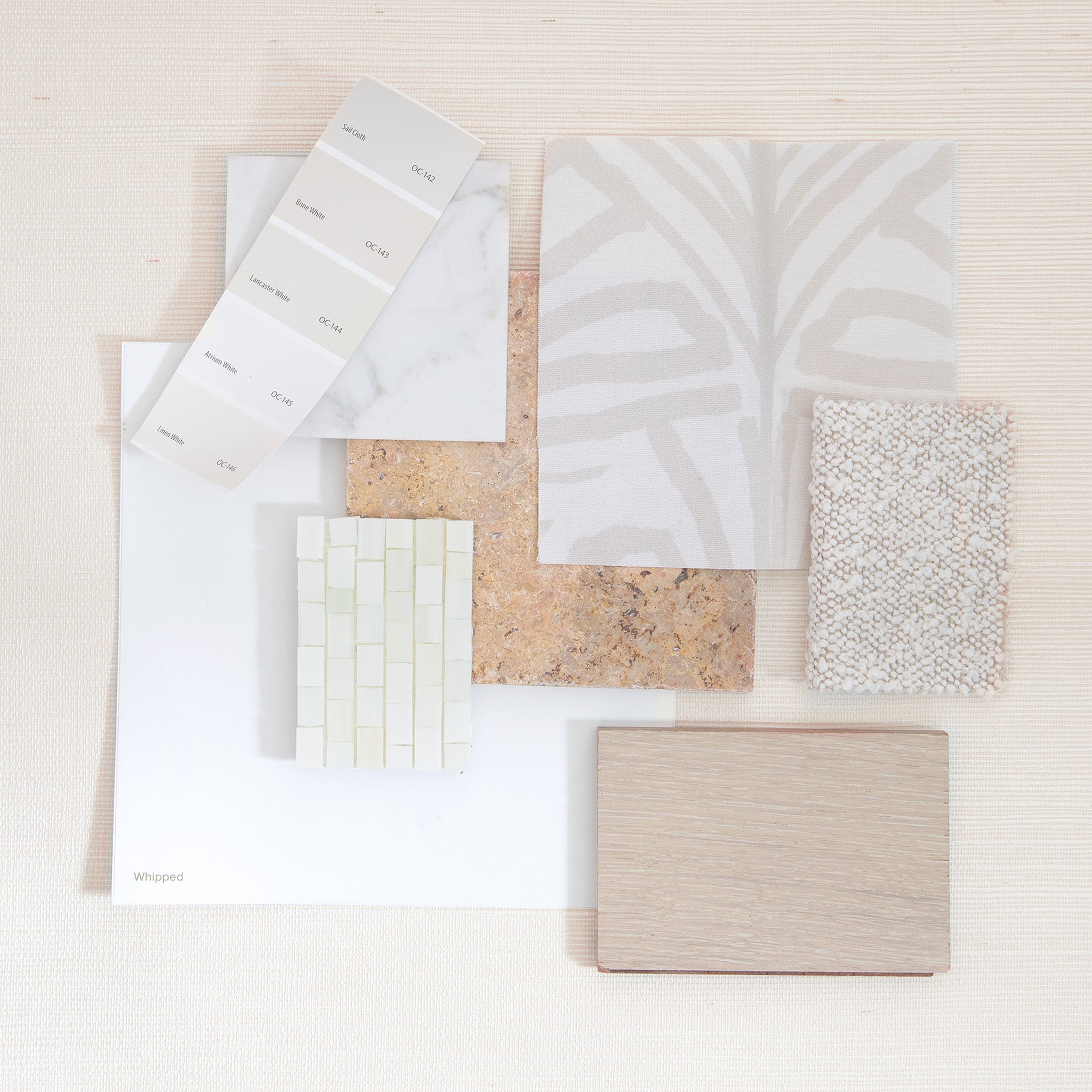 Interior design moodboard and wallpaper inspirations with cream paint and tile on top