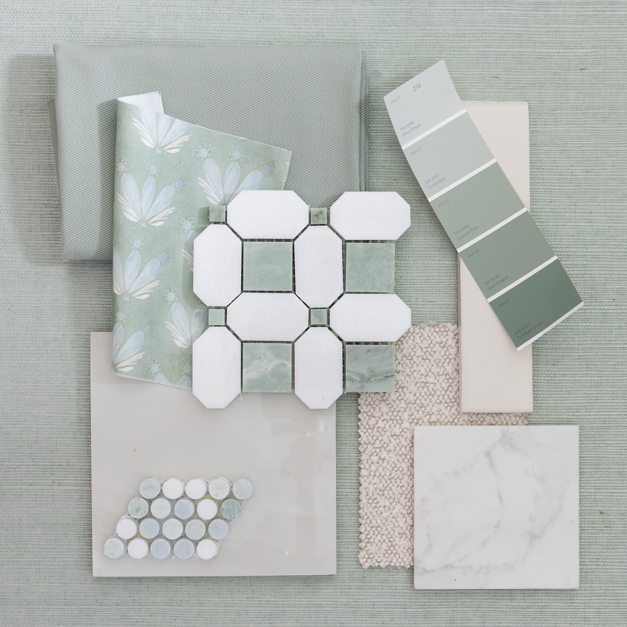 interior design moodboard and wallpaper inspirations with green paint and tile on top