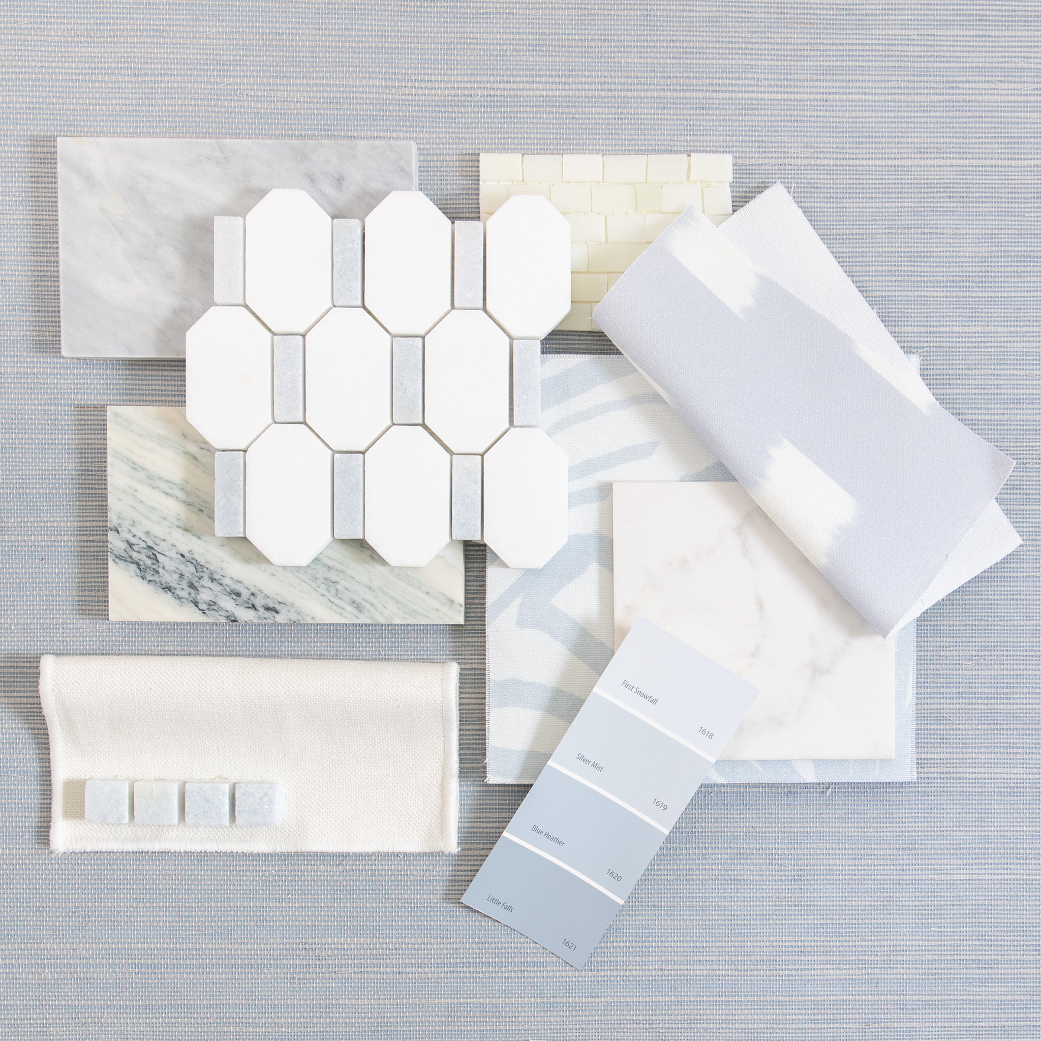 Interior design moodboard and wallpaper inspirations with blue paint and blue and gray tile on top