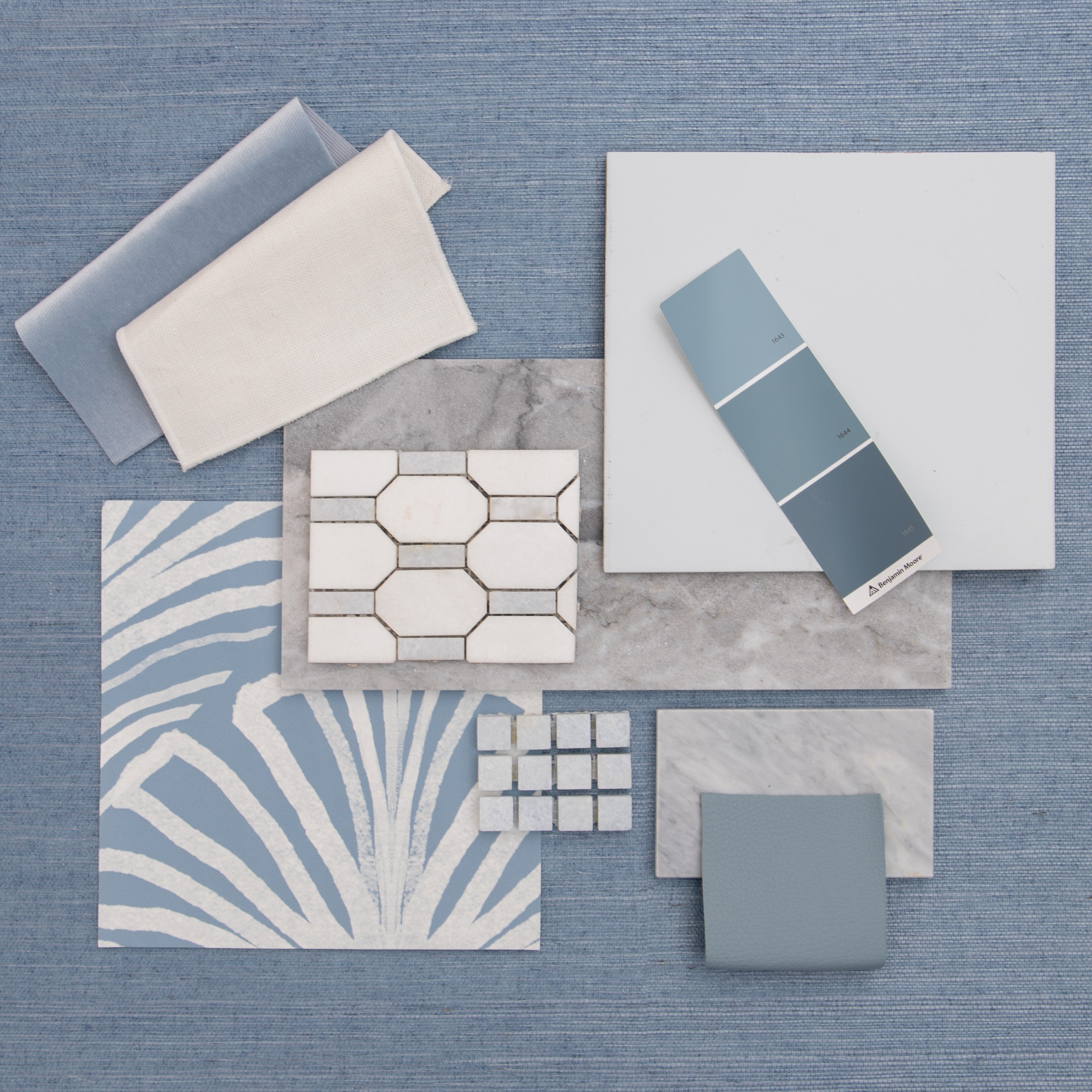 interior design moodboard and wallpaper inspirations with blue paint and gray tile on top