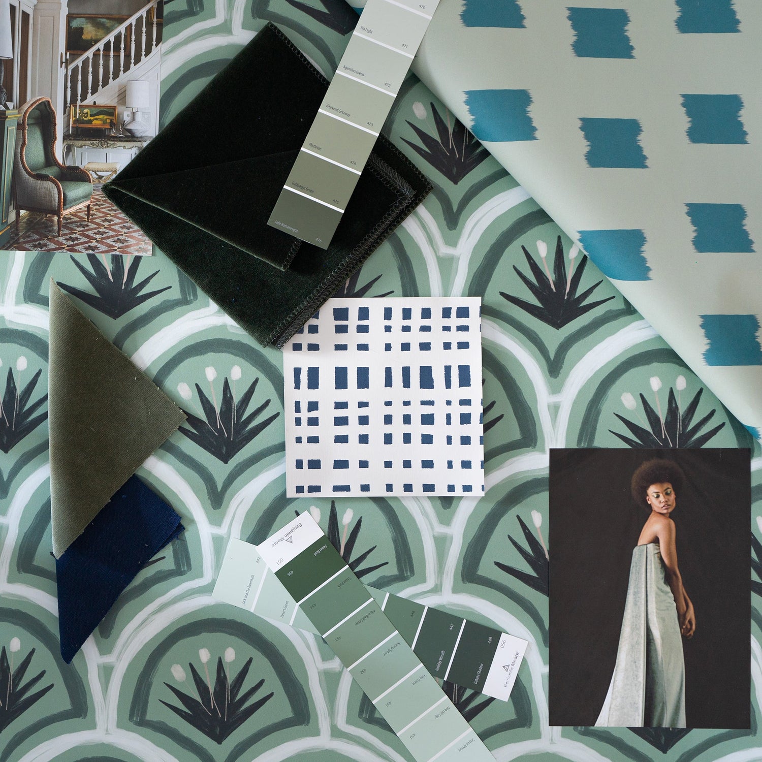 interior design mood board with green art deco wallpaper swatch, green paint swatches, green and blue fabric swatches, and navy blue gingham wallpaper swatch