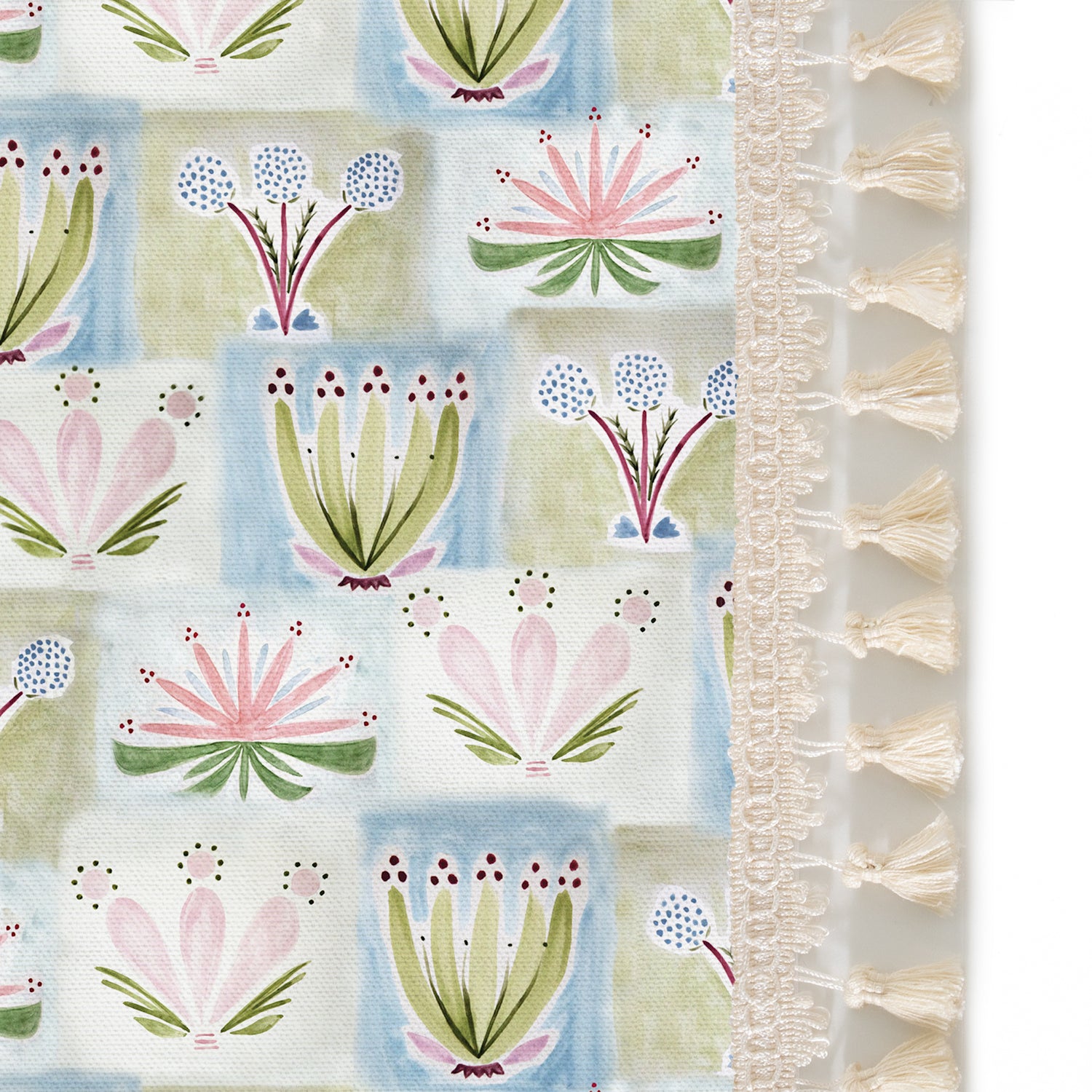 Upclose picture of Harper custom Hand-Painted Floralshower curtain with cream tassel trim