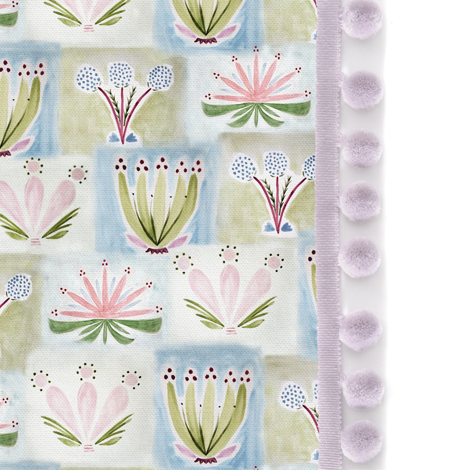 Upclose picture of Harper custom Hand-Painted Floralshower curtain with lilac pom pom trim