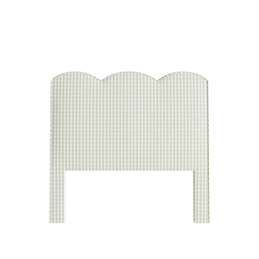 The Millie Sage Theodora Headboard showcases a custom scalloped design with timeless woven fabric elegance.