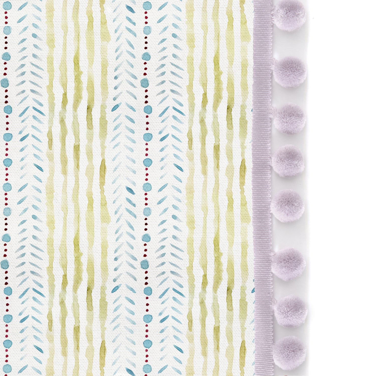Upclose picture of Julia custom Blue &amp; Green Stripedshower curtain with lilac pom pom trim