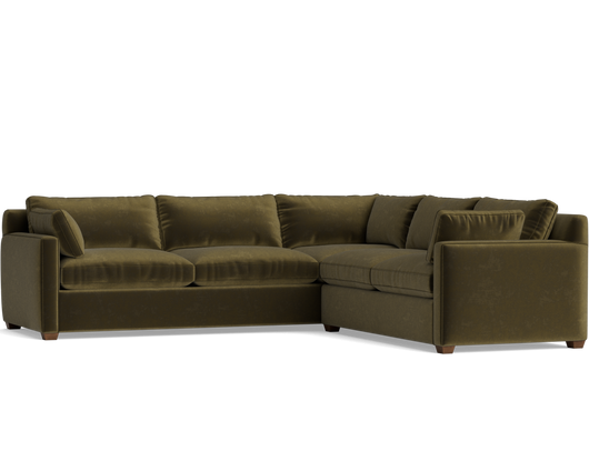 Olive brown sectional sofa with plush cushions, rolled arms, and low wooden feet on a transparent background