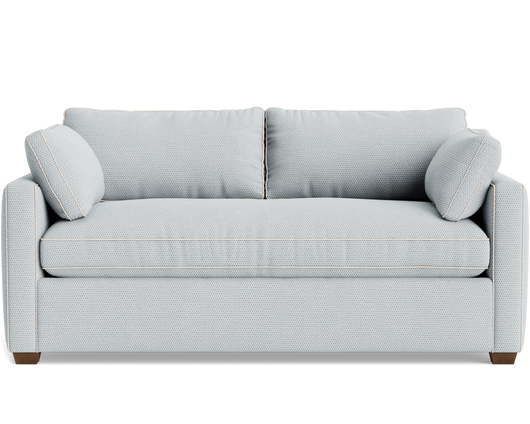 Light gray sofa with two back cushions, rounded arms, bench seat, and wooden feet