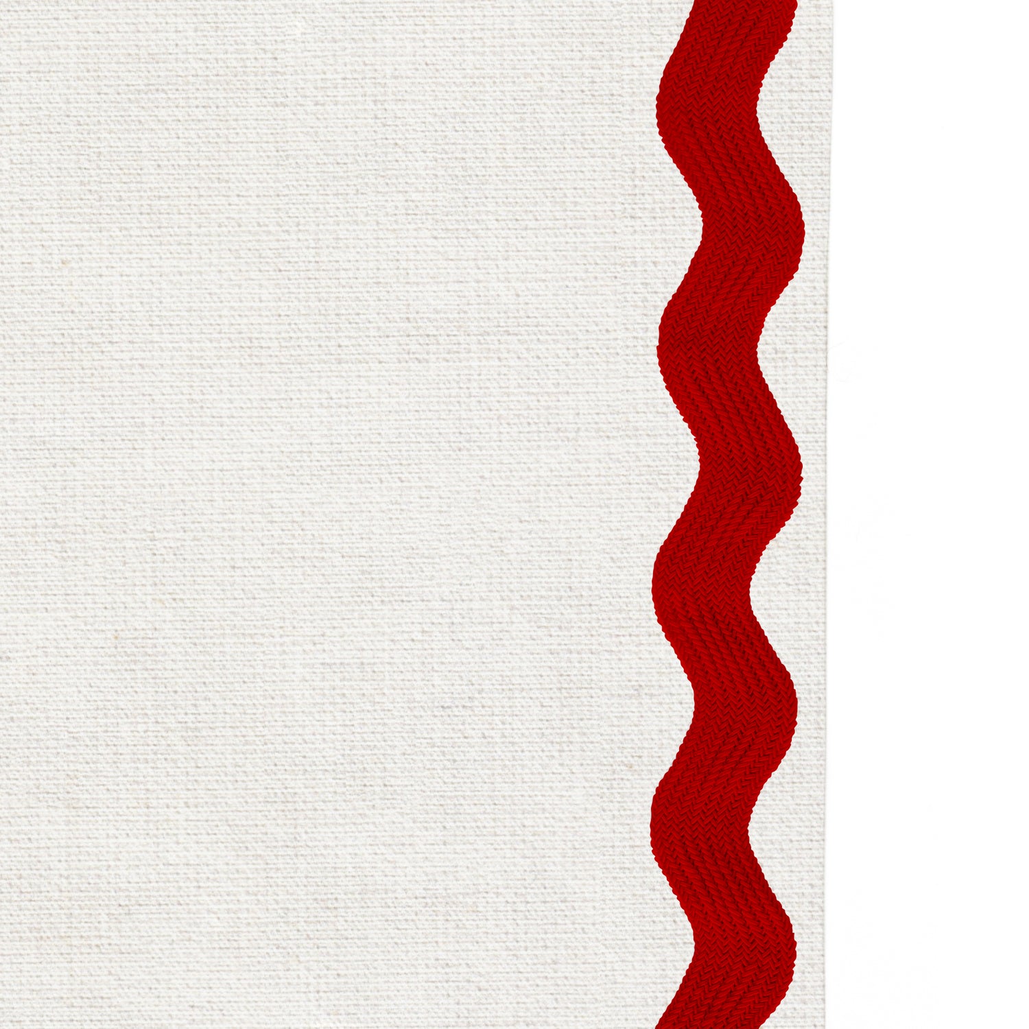 Upclose picture of Flour custom Natural Whiteshower curtain with cherry rick rack trim