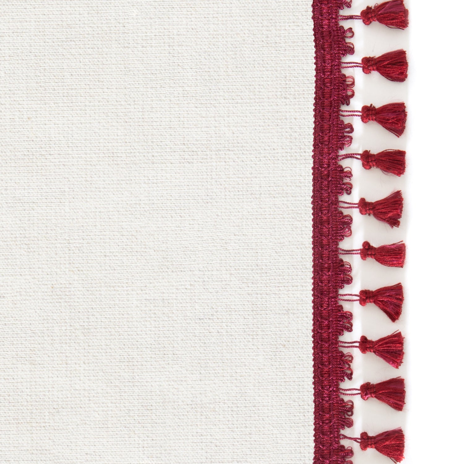 Upclose picture of Flour custom Natural Whiteshower curtain with flour raspberry tassel trim