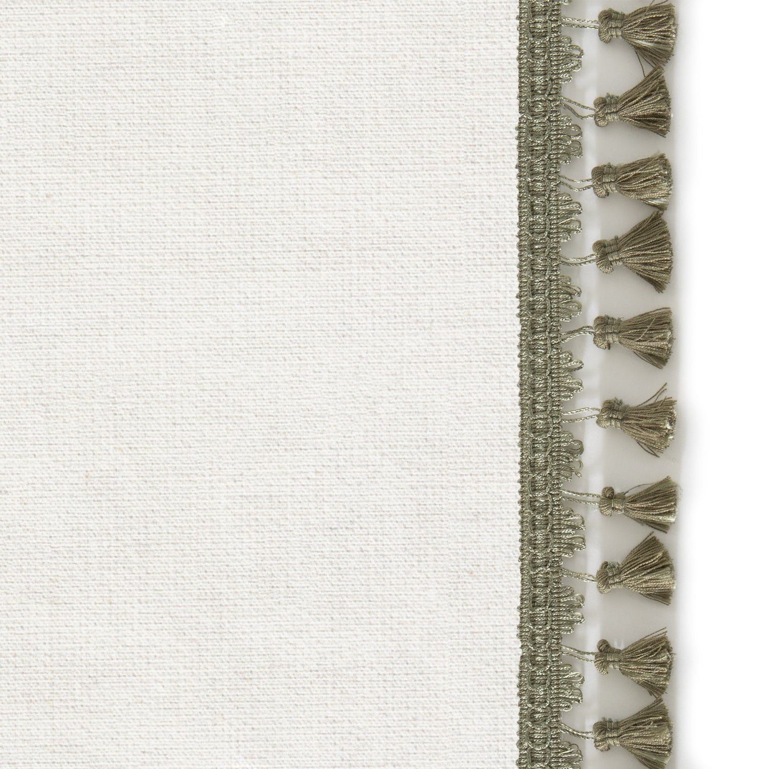 Upclose picture of Flour custom Natural Whiteshower curtain with sage tassel trim