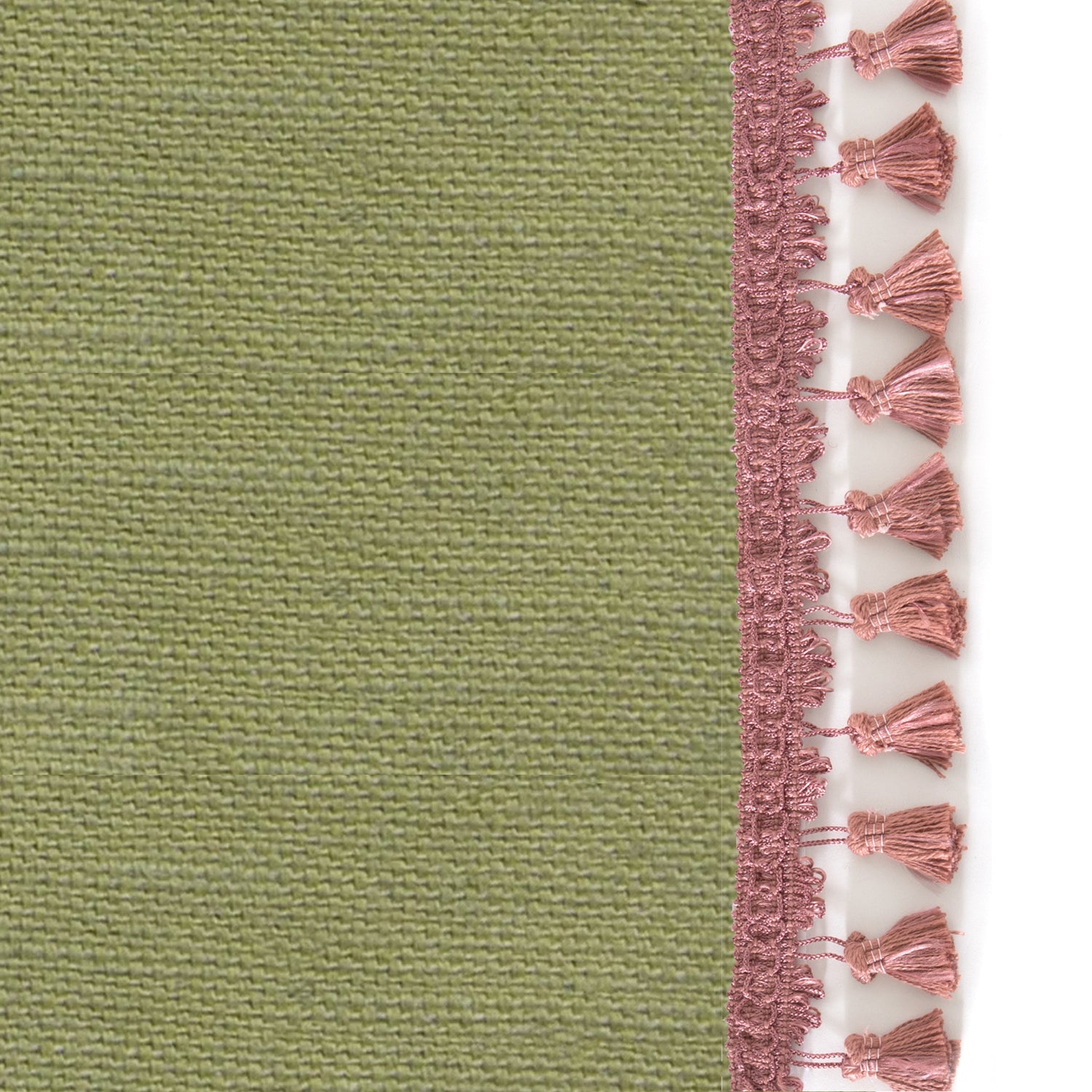 Upclose picture of Moss custom Moss Green Linencurtain with dusty rose tassel trim