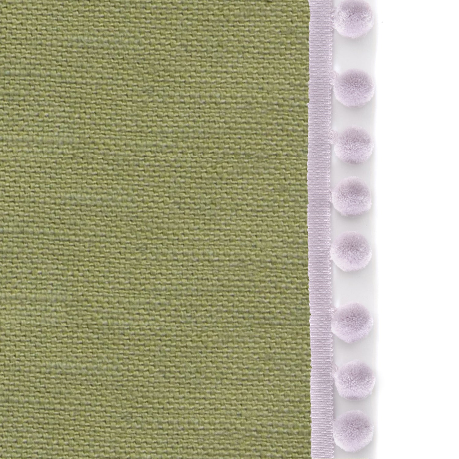 Upclose picture of Moss custom Moss Green Linencurtain with lilac pom pom trim