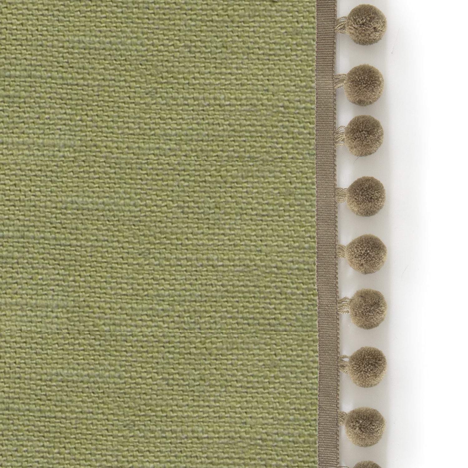 Upclose picture of Moss custom Moss Green Linencurtain with olive pom pom trim