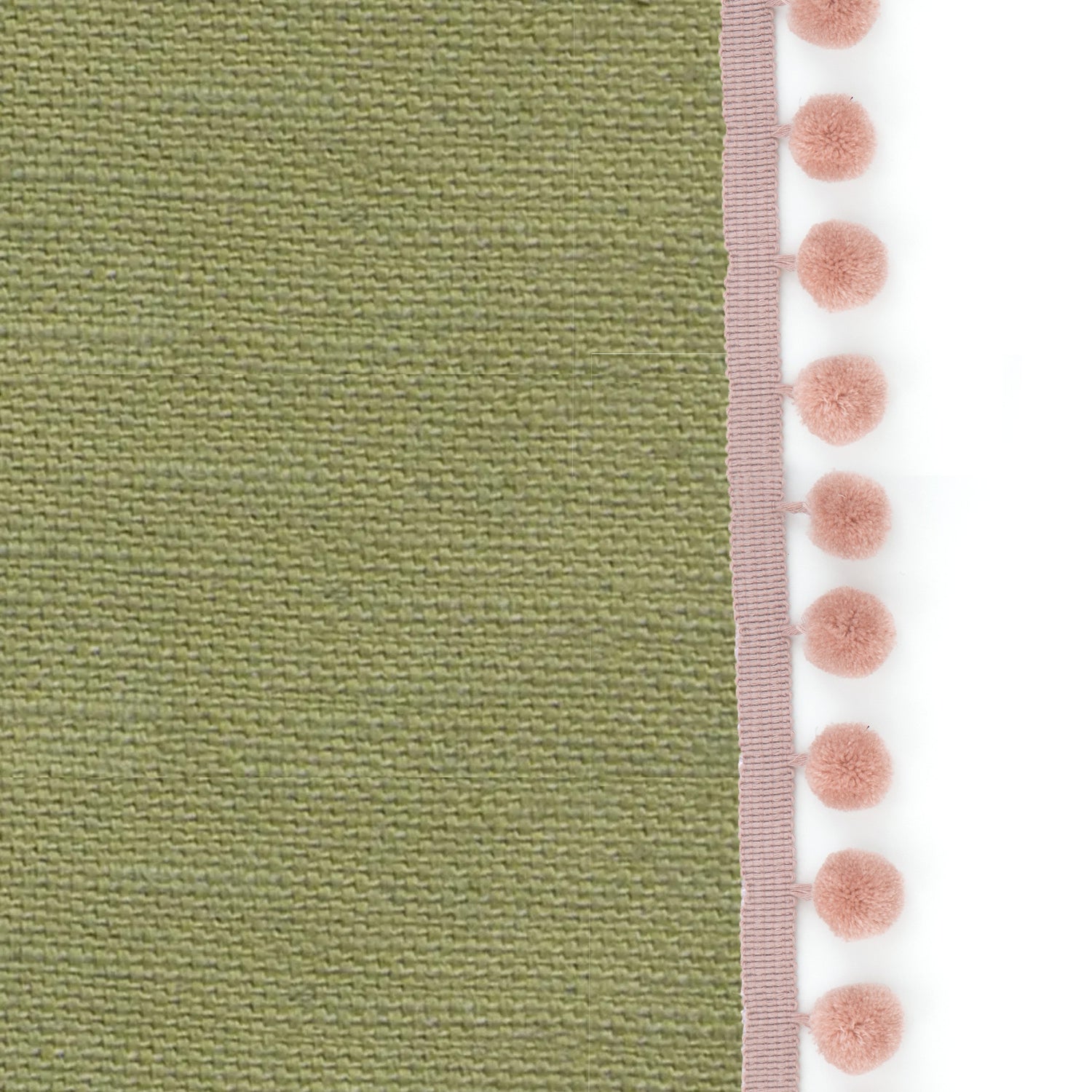 linen moss green curtain with rose pink pom poms