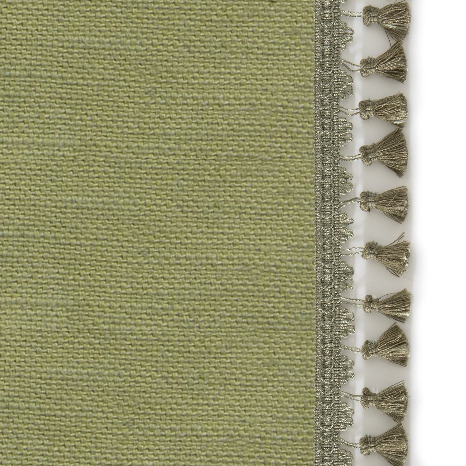 Upclose picture of Moss custom Moss Green Linencurtain with sage tassel trim