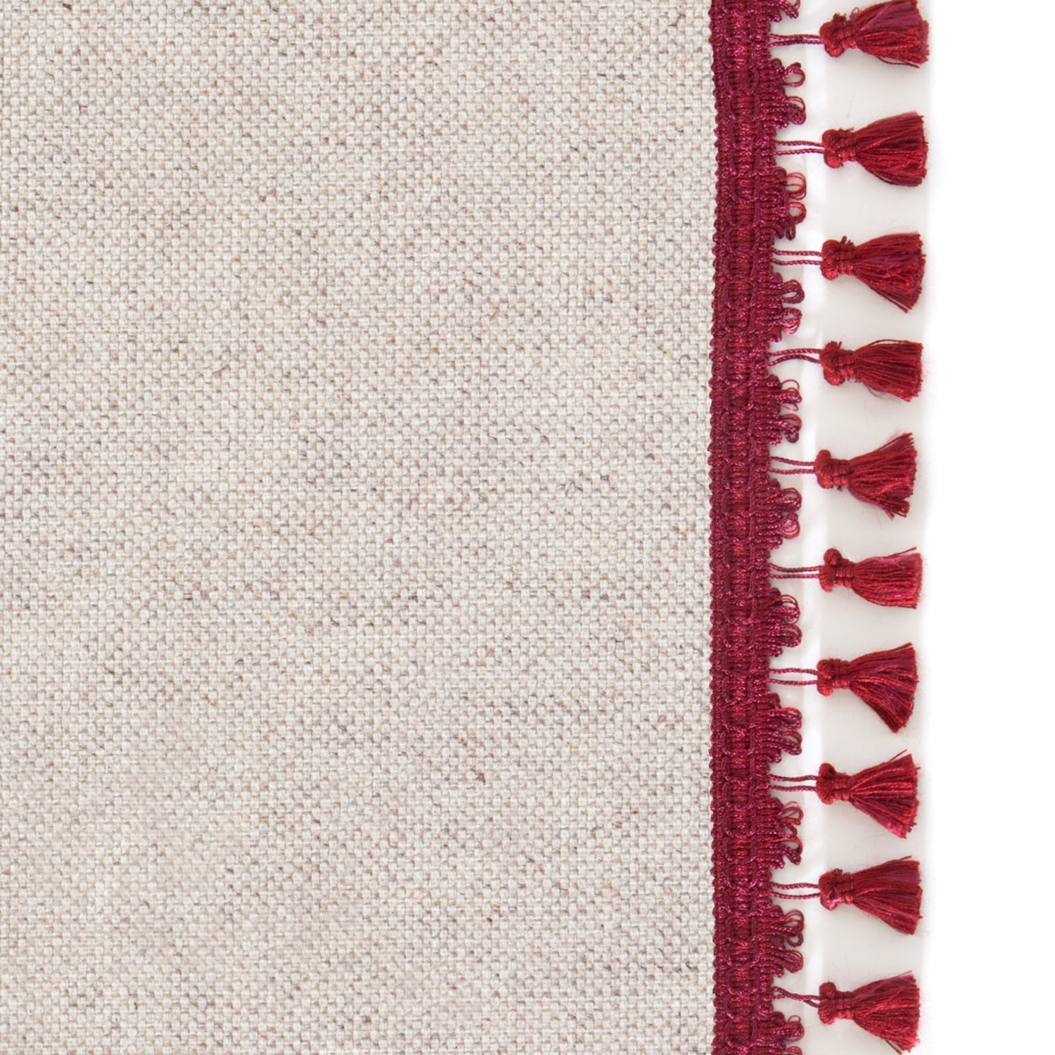 Upclose picture of Oat custom Linen Oatcurtain with oat raspberry tassel trim