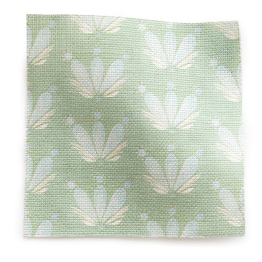 Blue & Green Floral Drop Repeat Printed Linen Swatch