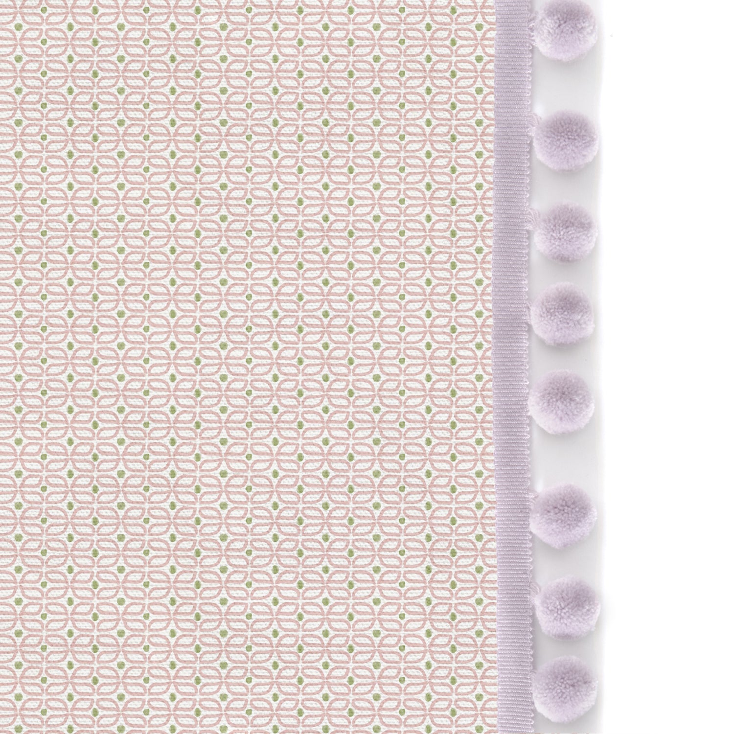 Upclose picture of Loomi Pink custom curtain with lilac pom pom trim