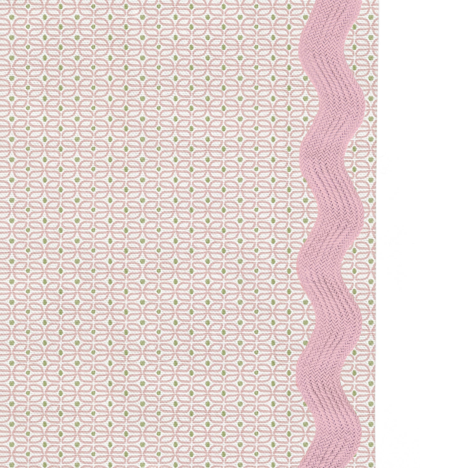 Upclose picture of Loomi Pink custom Pink Geometriccurtain with peony rick rack trim