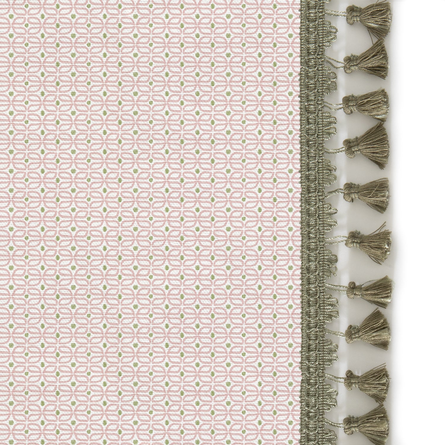 Upclose picture of Loomi Pink custom Pink Geometriccurtain with sage tassel trim
