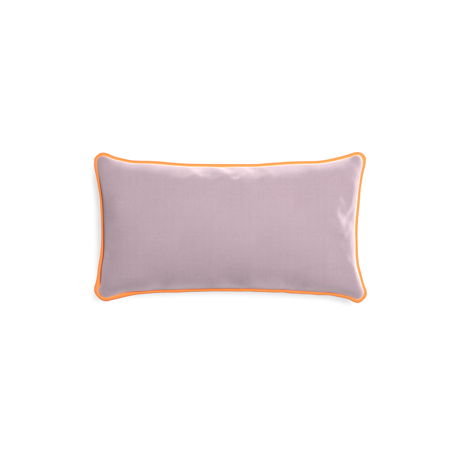 Lumbar lilac velvet custom pillow with clementine piping on white background