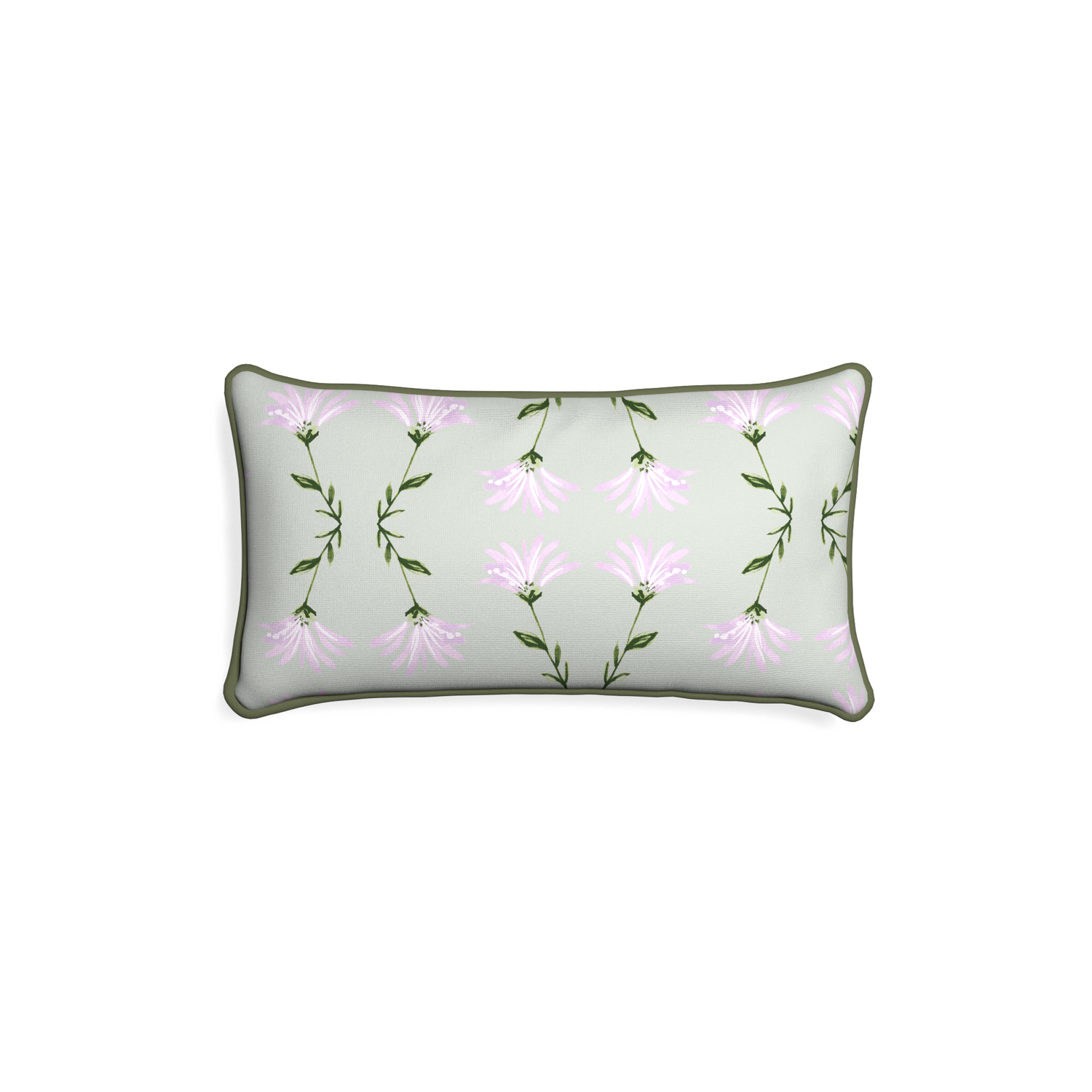 Lumbar marina sage custom pillow with f piping on white background