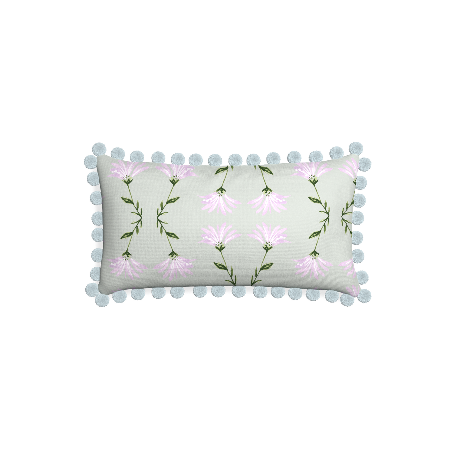 Lumbar marina sage custom pillow with powder pom pom on white background