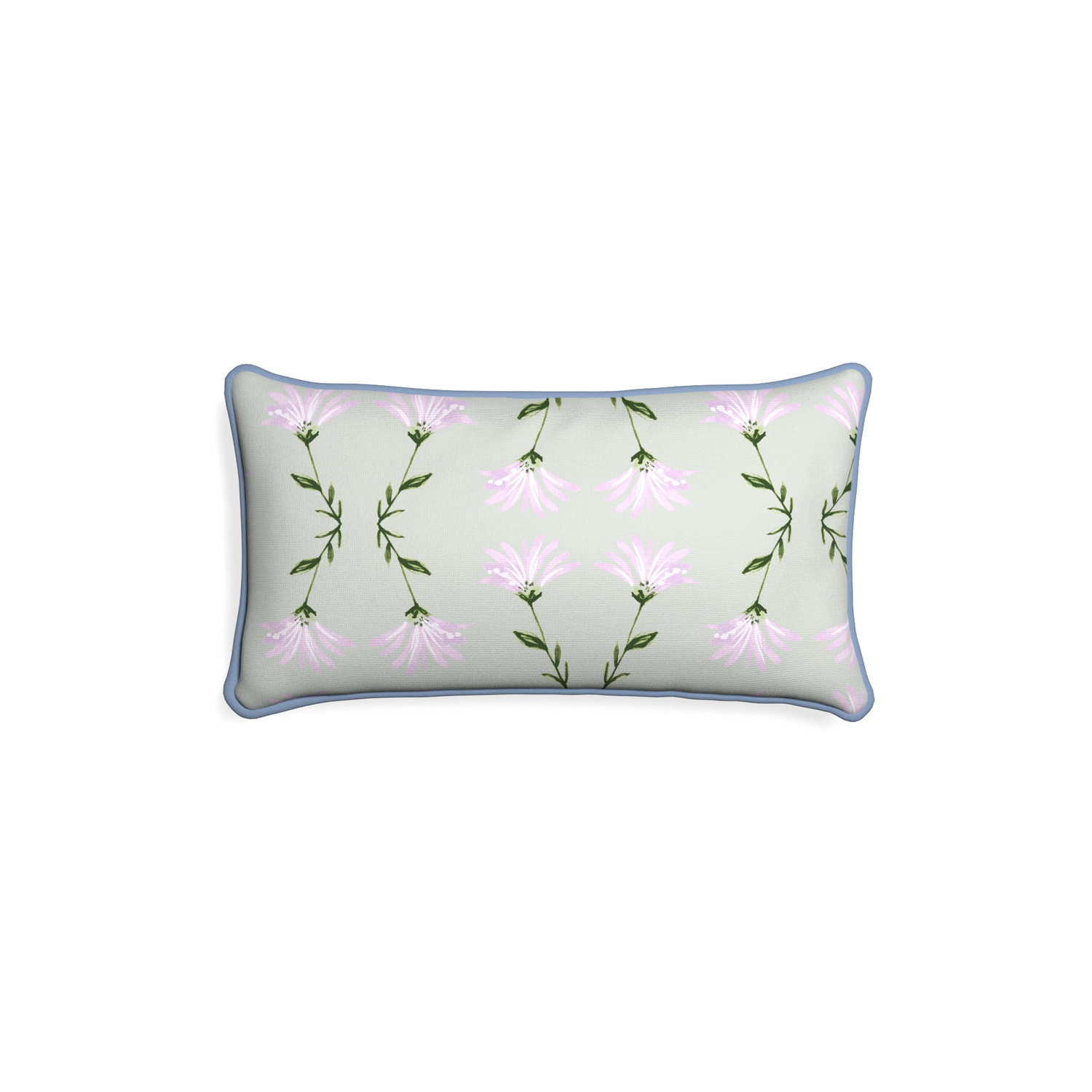 Lumbar marina sage custom pillow with sky piping on white background