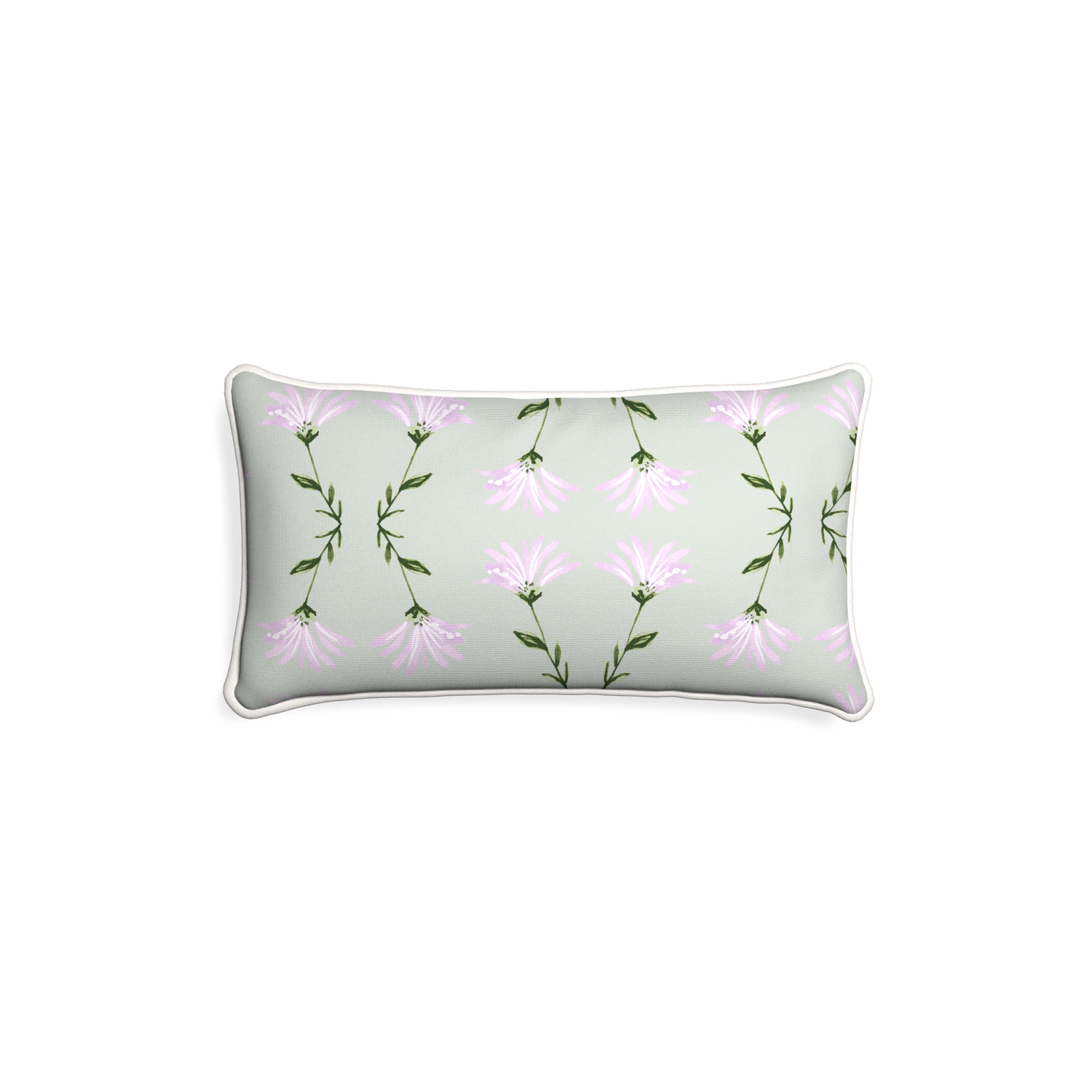 Lumbar marina sage custom pillow with snow piping on white background
