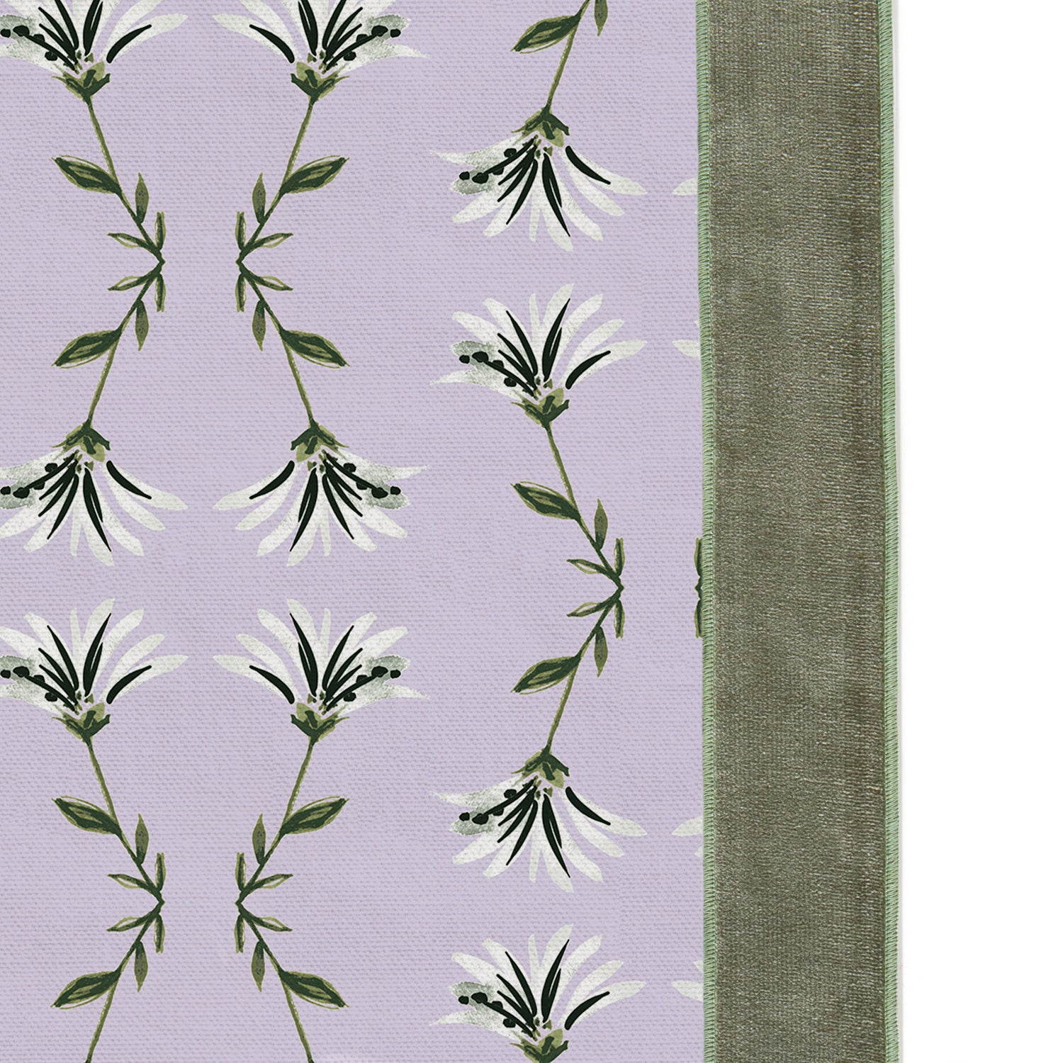 Upclose picture of Marina Lavender custom curtain with fern velvet band trim