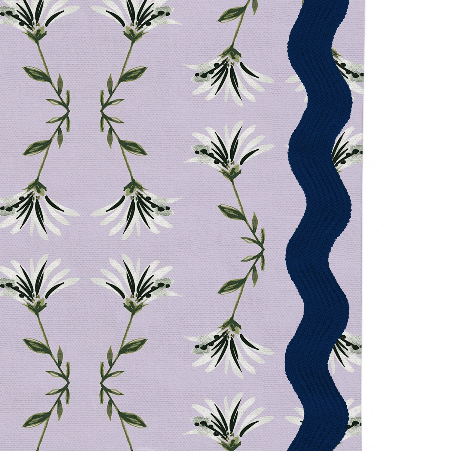Upclose picture of Marina Lavender custom curtain with midnight rick rack trim