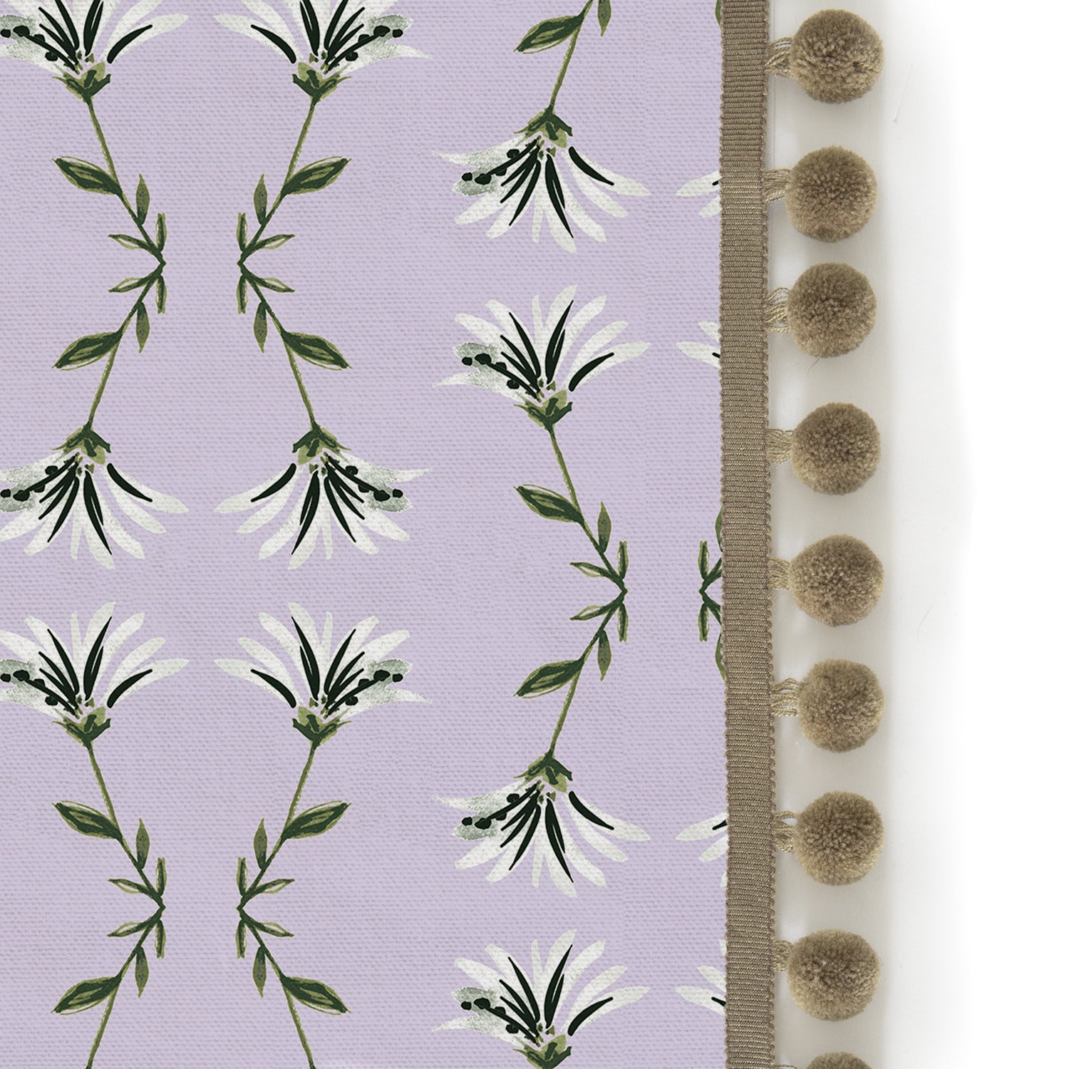 Upclose picture of Marina Lavender custom curtain with olive pom pom trim
