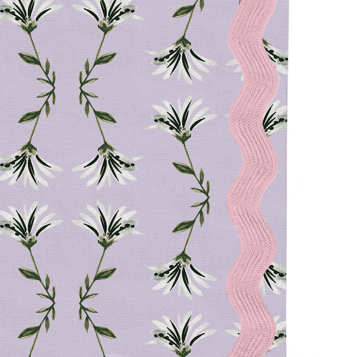 Upclose picture of Marina Lavender custom curtain with peony rick rack trim