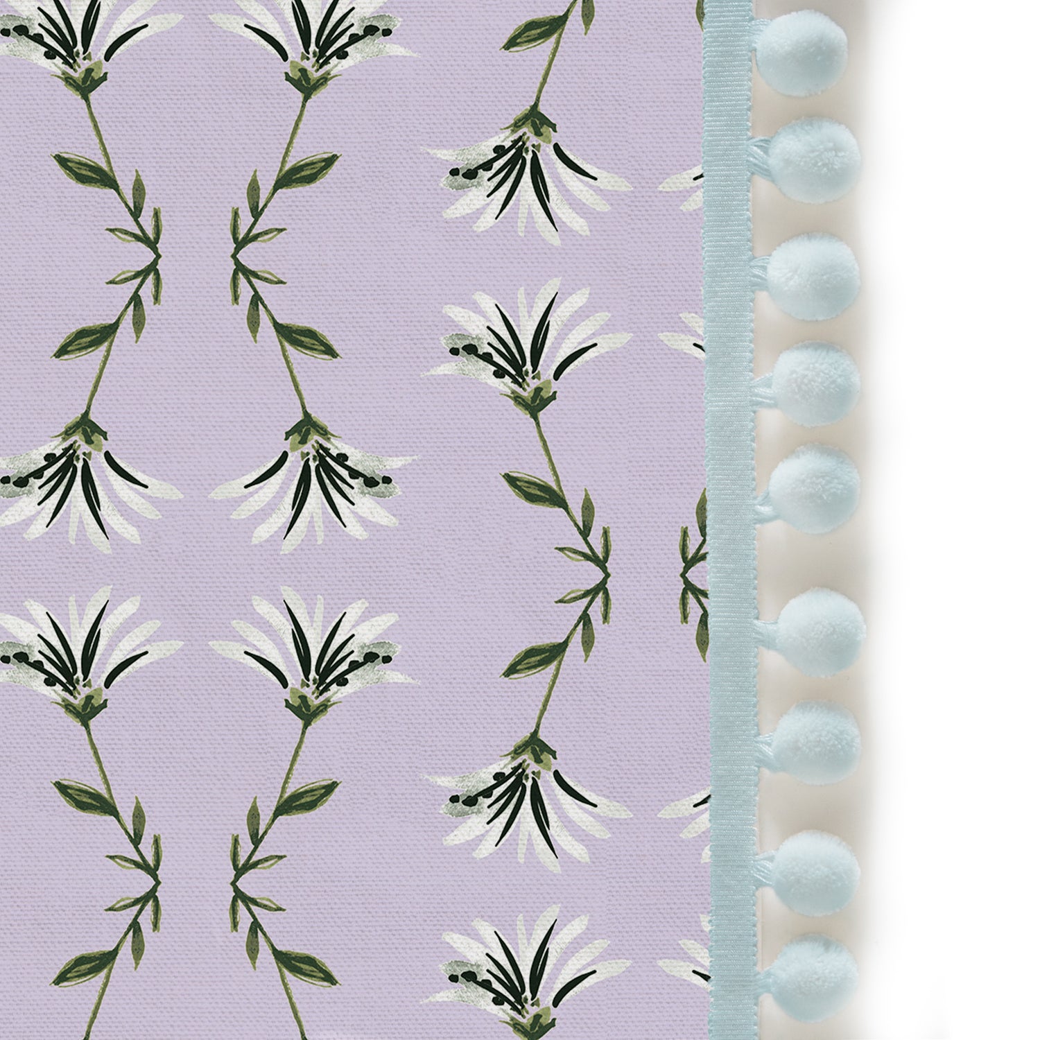 Upclose picture of Marina Lavender custom curtain with powder pom pom trim
