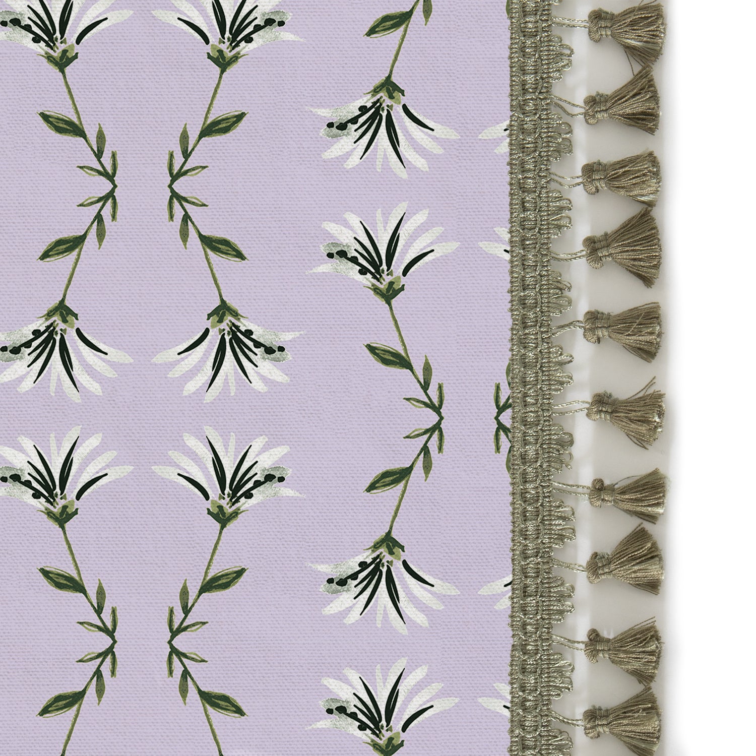 Upclose picture of Marina Lavender custom curtain with sage tassel trim