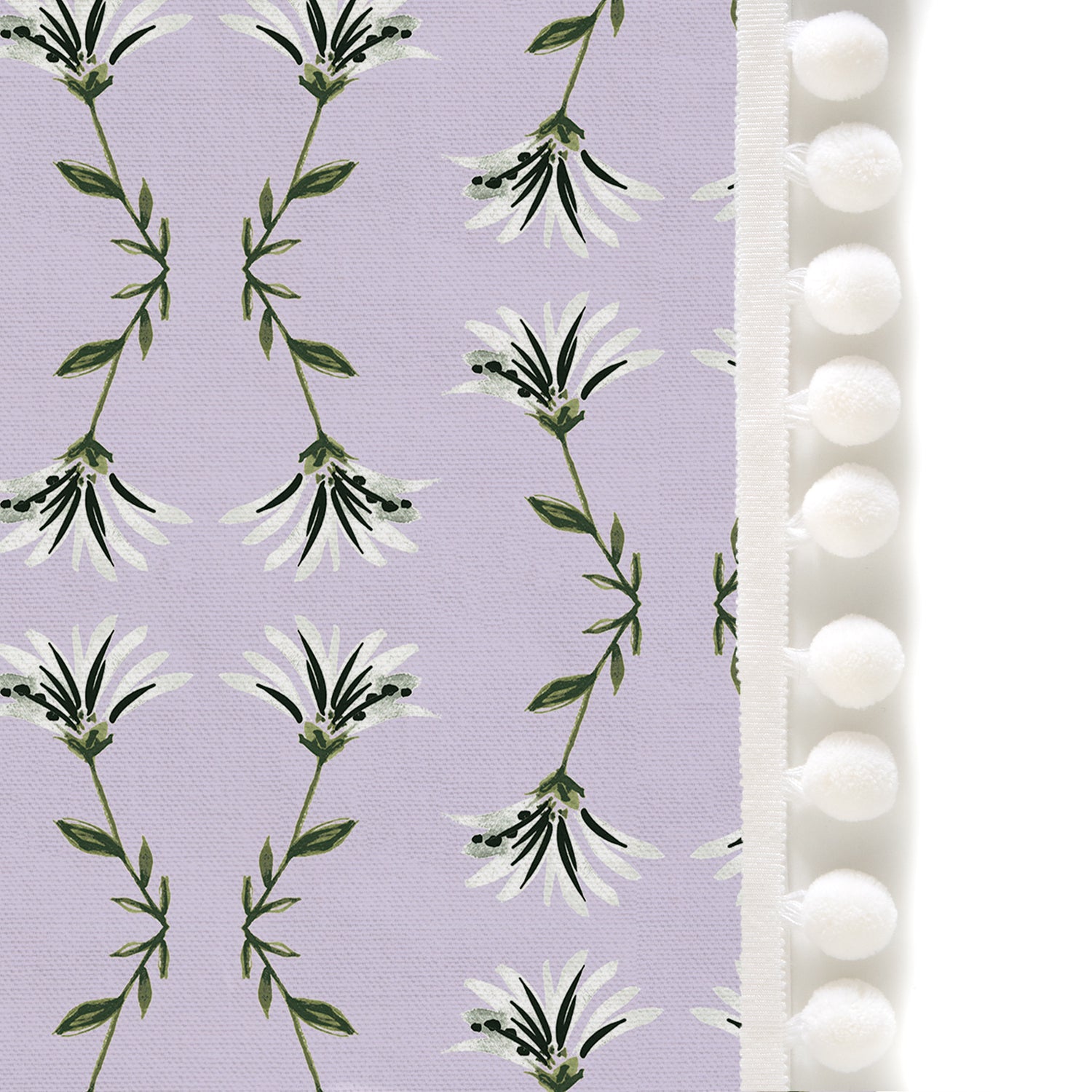Upclose picture of Marina Lavender custom curtain with snow pom pom trim