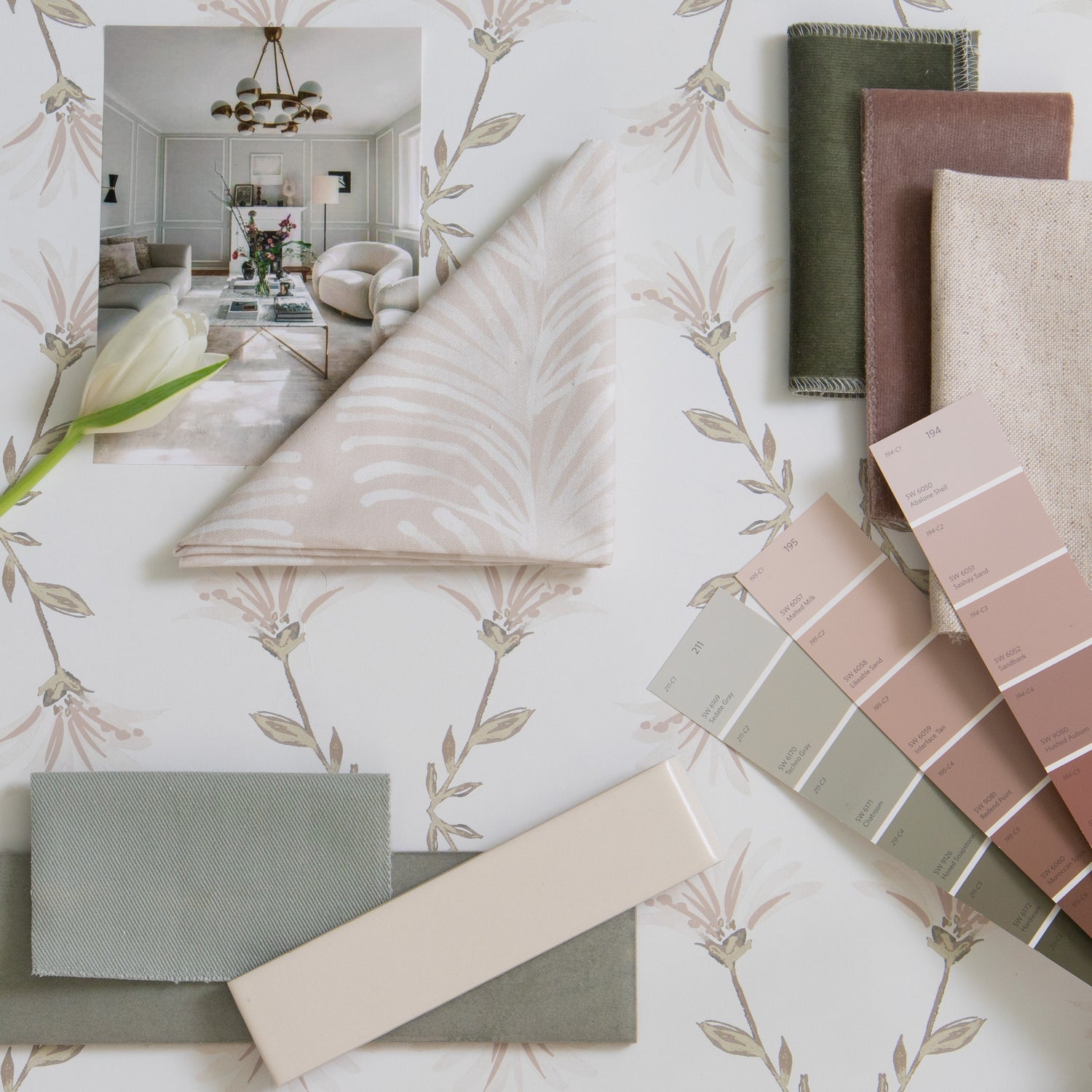 interior design mood board with Linen Oat Swatch, neutral floral wallpaper swatch, neutral botanical stripe pattern cotton fabric swatch, green and neutral paint swatches