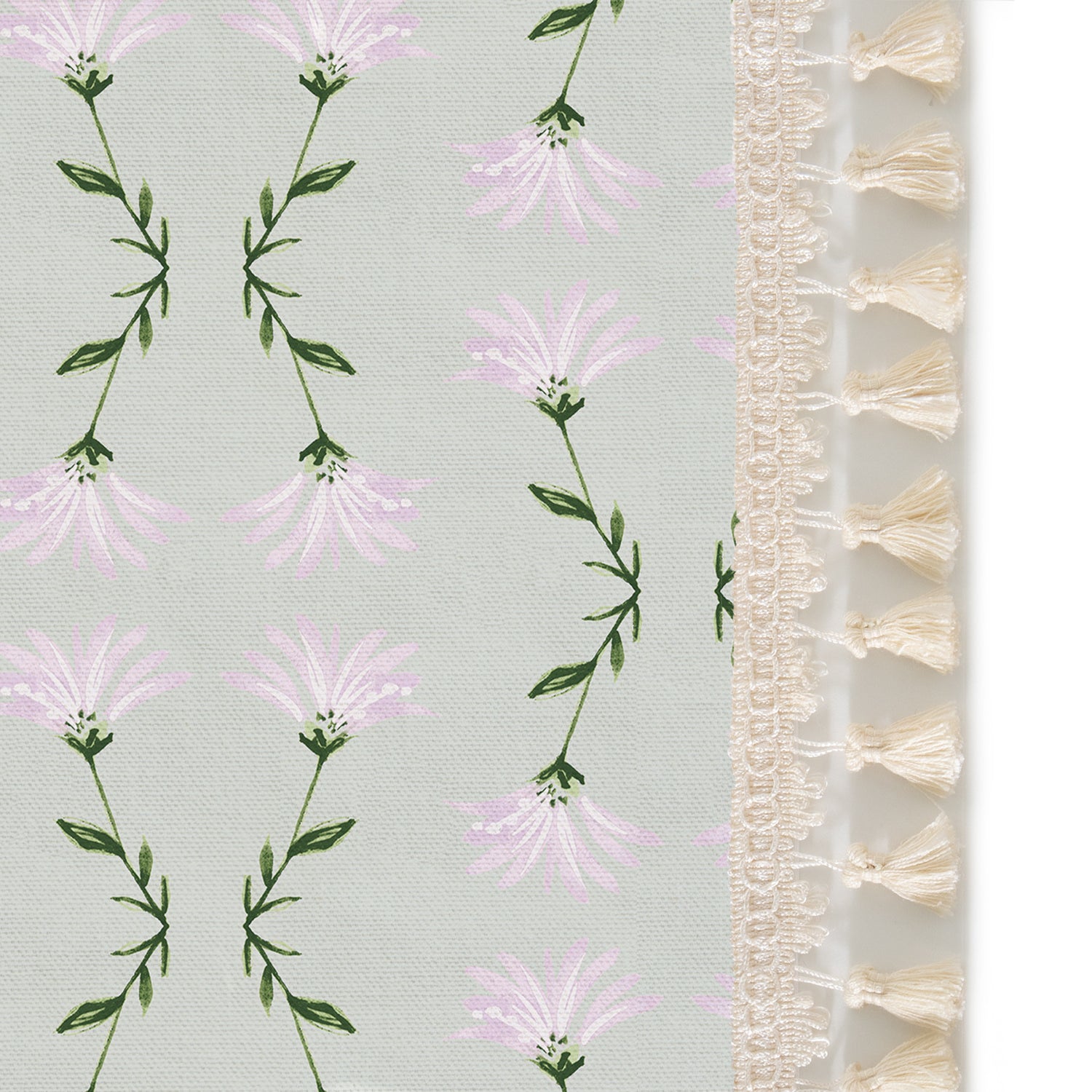 Upclose picture of Marina Sage custom curtain with cream tassel trim