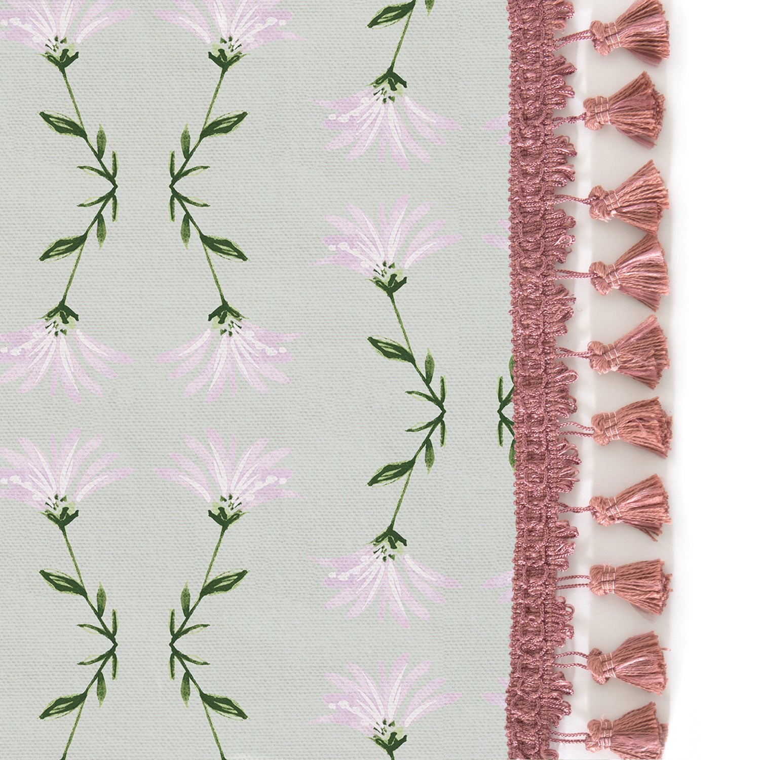 Upclose picture of Marina Sage custom curtain with rose tassel trim