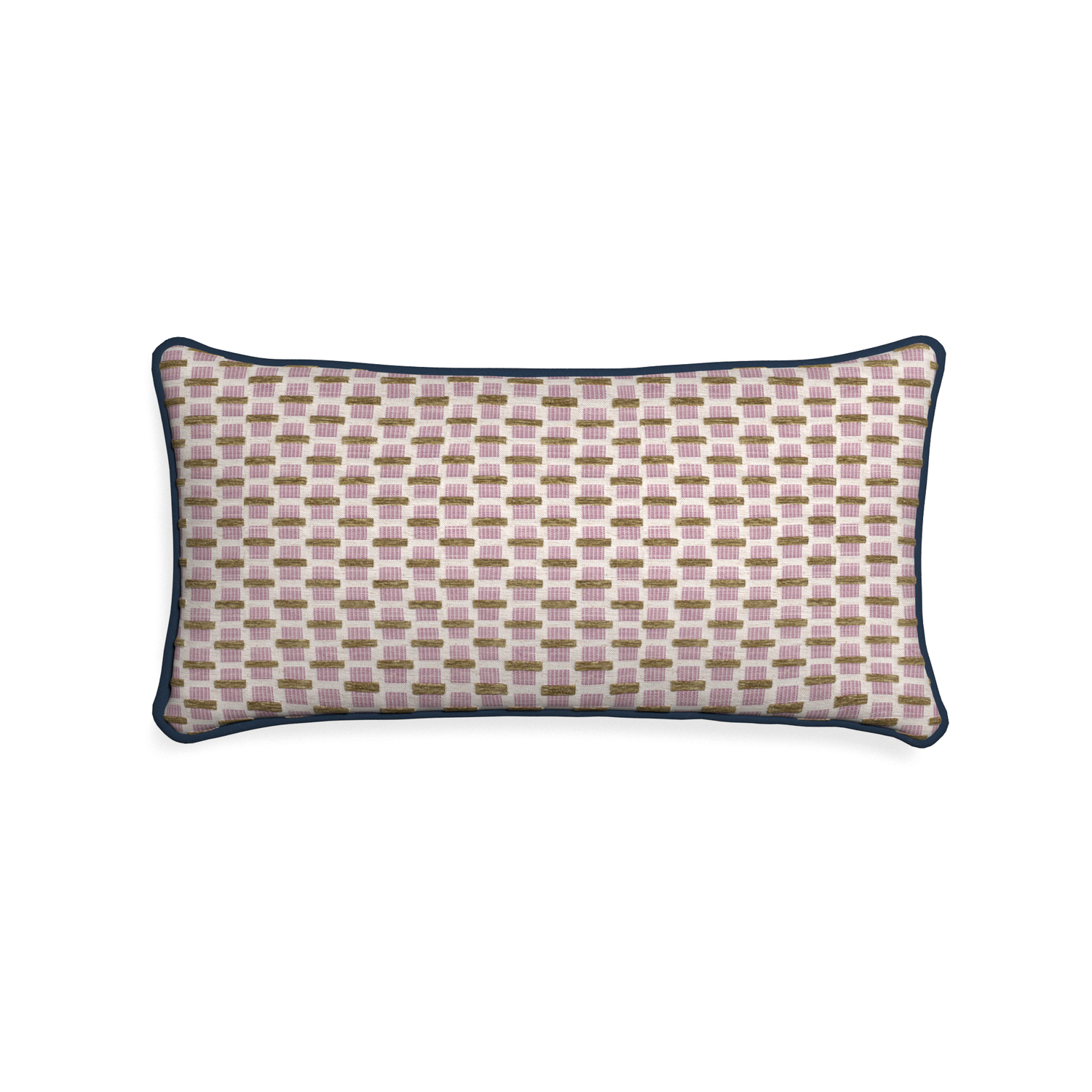 Midi-lumbar willow orchid custom pink geometric chenillepillow with c piping on white background