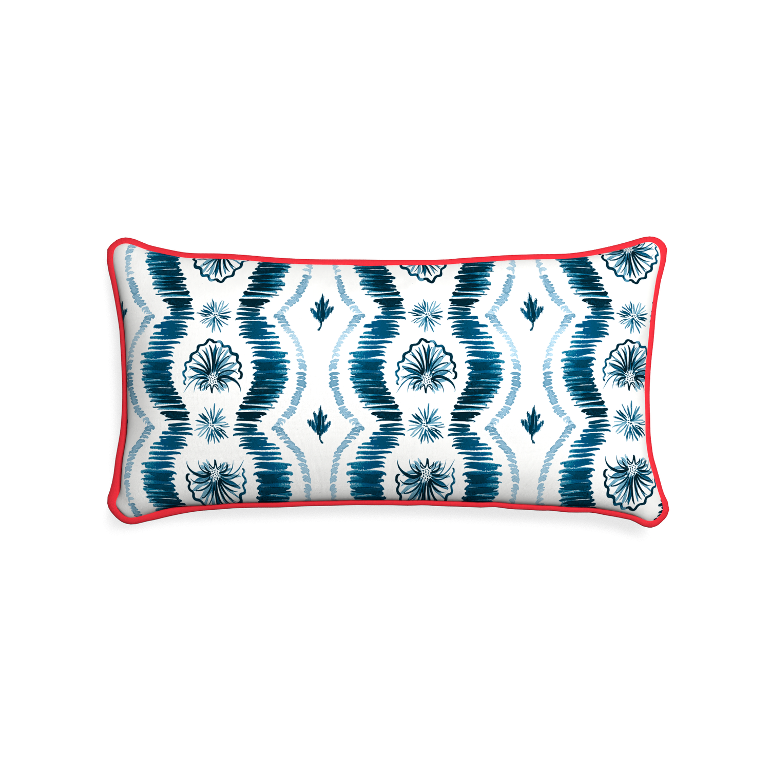 Midi-lumbar alice custom blue ikatpillow with cherry piping on white background